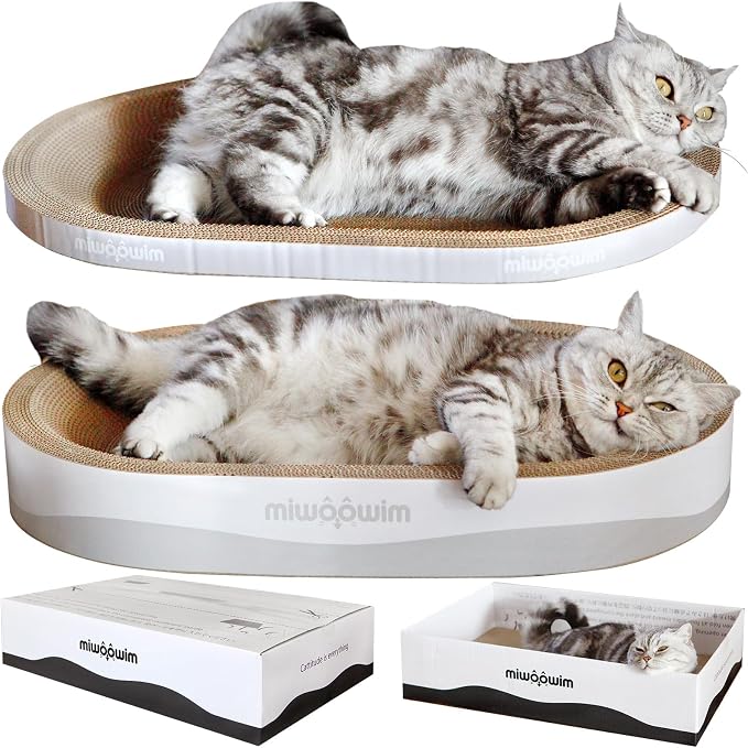 miwoowim 23.6" Extra Large Cat Scratcher Bed & Box Set, Oval Lounge Bowl | Includes 2 Oval Shape Beds & 1 Box with corrugated cardboard Scratch pad. Perfect for big cats and multi-cat households.