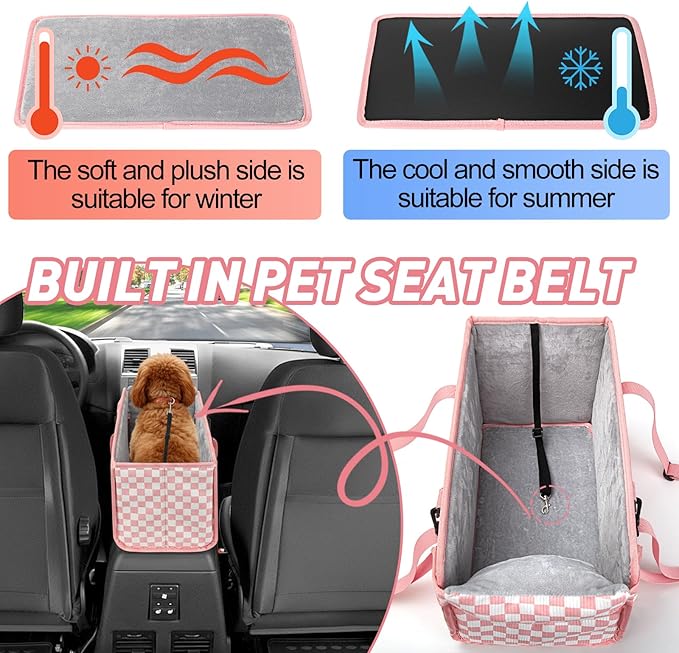 Console Dog Car Seat for Small Dogs, Foldable Booster Seat, Pink Checkered | Portable Booster Seat Sits On Car Console/ Armrest. Foldable for Easy Storage. for Center Console, Easy To Clean.