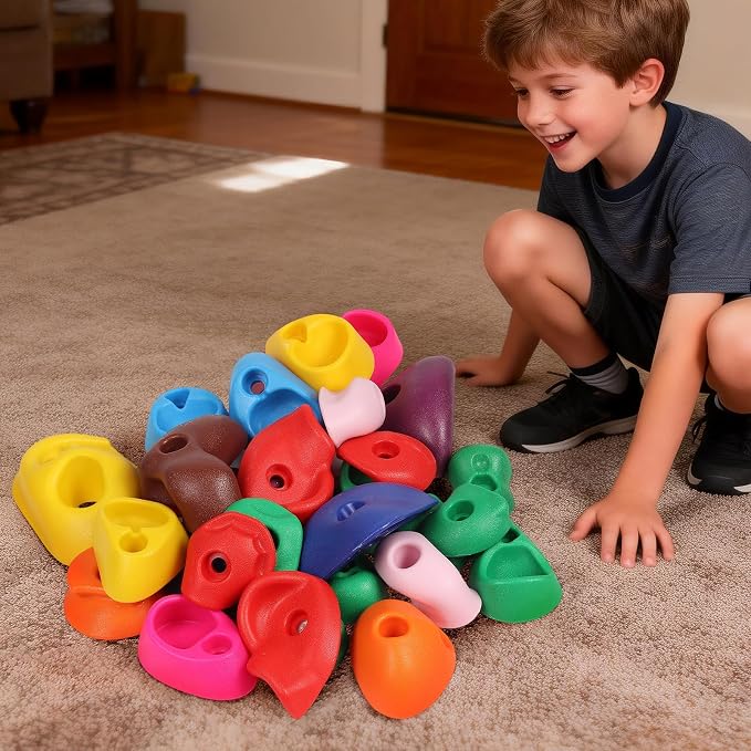 SEKKVY 32 Rock Climbing Holds for Kids and Adults, Multi Size Colorful Plastic Wall Grips with 2 Inch Mounting Hardware, Indoor Outdoor Playground Set