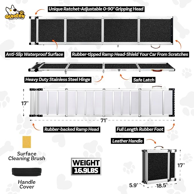 71”Dog Ramp for Car SUV Truck with Adjustable Head | Aluminum Alloy Dog Ramp, Foldable Outdoor Pet Ramp,Up to 200 LBS,Non-Slip Surface Dog Ramps