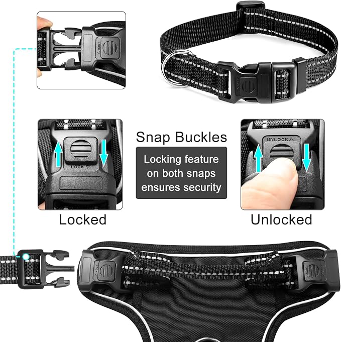 Dog Harness No Pull, Pet Harnesses with Dog Collar, Adjustable Reflective Oxford Outdoor Vest, Front/Back Leash Clips for Small, Medium, Large, Extra Large Dogs, Easy Control Handle for Walking