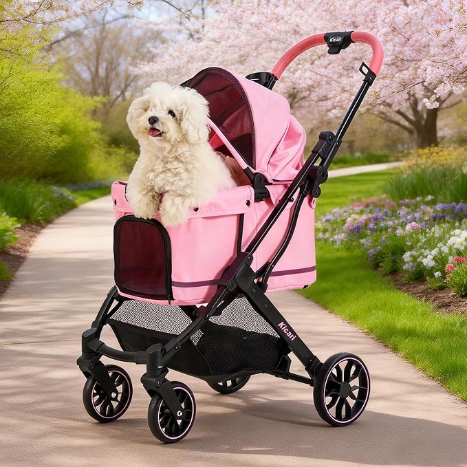All-Terrain Dog Stroller for Small to Medium Dogs, Pet Stroller for Dogs & Cats Outdoor Walks, One-Hand Easy Fold, Double-Layer Anti-UV & Waterproof Canopy & Breathable Mesh, Sakura Pink