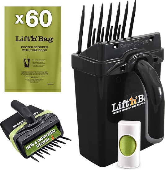 Neater Pet Brands Lift N’ Bag 2.0 Dog Pooper Scooper with Bag Attachment for Small to Large Dogs, New & Improved Design, 60 Refill Bags, Heavy Duty Dog Poop Scooper for Yard & Walks, One-Hand Use