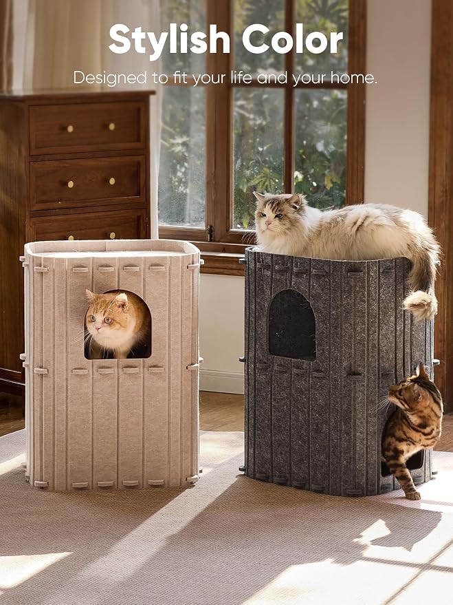 FUKUMARU Cat House for Indoor Cats, Warm Felt Cat Bed, Scratch Resistant | Large Cat Bed Cave, 3-in-1 Cat Condo, Cozy Felt Covered Cats Tunnel, 23.62 Inch Kitten Hideaway for Multicats, Beige