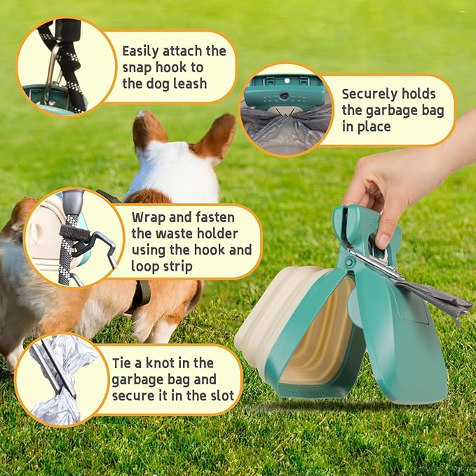 Medium Pooper Scooper, Portable and Handheld Size for Walking Large and Small Dogs Outside Yard or Travel Outdoors, Pup Poop Scoop with Container and 30pcs Pet Waste Bag Attachment