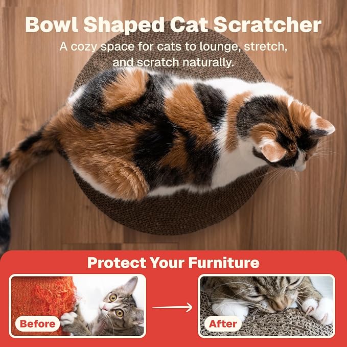 Selly's Den Bowl Shaped Round Cardboard Cat Scratcher with Catnip, for Lounging and Scratching, 16 inches