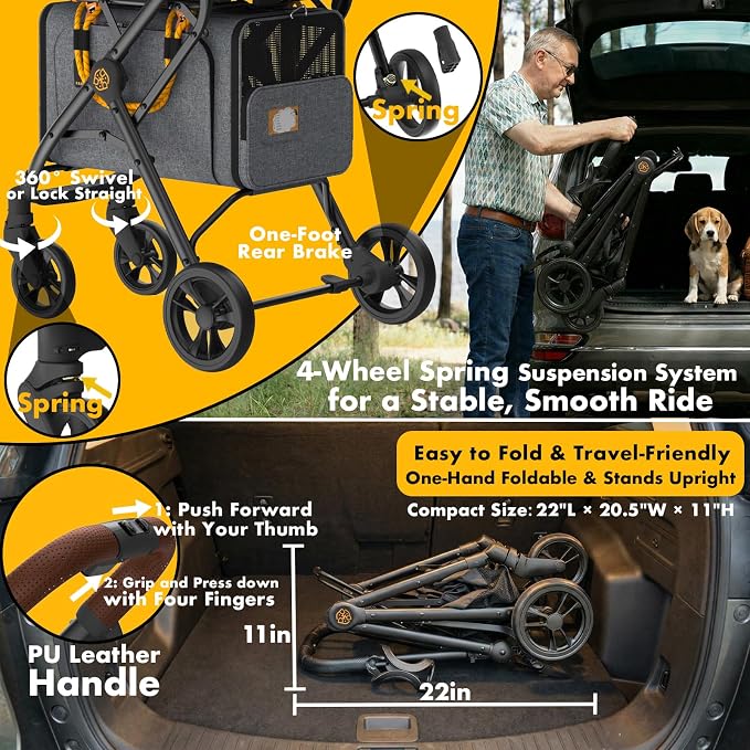 PAWZIDEA Double Pet Stroller with 2 Detachable Carrier, Lightweight Portable Travel Crate & Car Seat Combo & TSA-Approved Expandable Carrier, Foldable Jogger Stroller for 2–4 Cats or Small/Medium Dogs