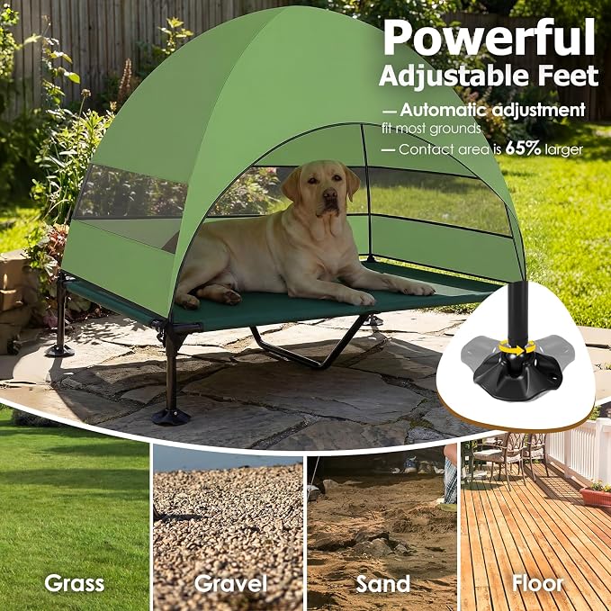 Elevated Dog Bed with Upgraded Canopy, Raised Outdoor Dog Tent with Powerful Anti-Slip Feet, Portable Pet Cot with Larger Shade, Raised Cooling Bed for Camping, Backyard, Beach, Poolside