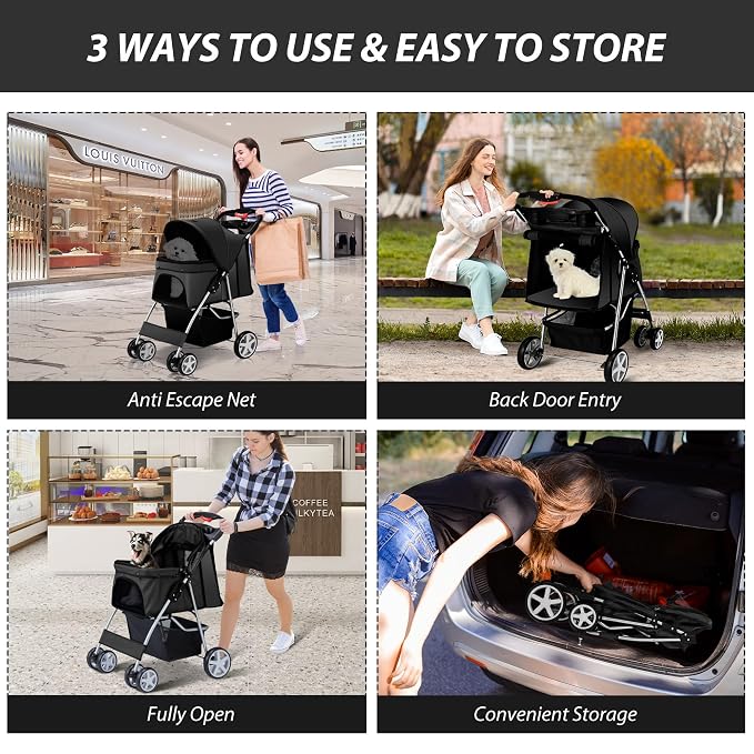 Unisakey 4 Wheels Pet Stroller for Small Medium Dogs Cats 10-33 lbs, Foldable Dog and Cat Stroller with Cup Holder & Storage Basket & Breathable Mesh, Pet Strolling Cart for All-Season, Black