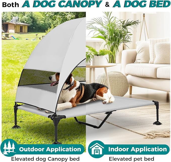 Outdoor Elevated Dog Bed with Canopy for Large Dogs, Grey, XL | Breathable Raised Cot with Shade, Tool-Free Setup for Patios, Backyards and Camping