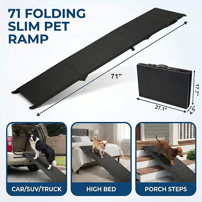 Dog Ramp for Car 71" X 17.6" Extra Long Folding Aluminum Pet Ramp | Extra-Long 71'' Ramp, For Large Dogs up to 250 LBS , High-Traction, Joint-Friendly, Foldable Dog Ramps, Fits SUV Truck Cars