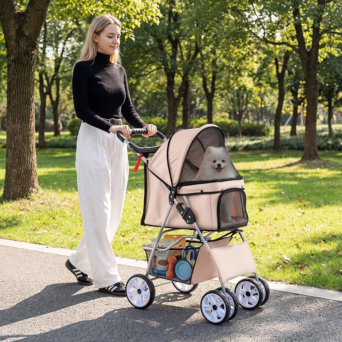 PETSITE 4 Wheels Pet Stroller, Foldable Dog Strollers for Small Dogs with Breathable Mesh, Waterproof Cover, Storage Basket, and Cup Holders, Ideal for Dogs Cats up to 33 lbs (Beige)