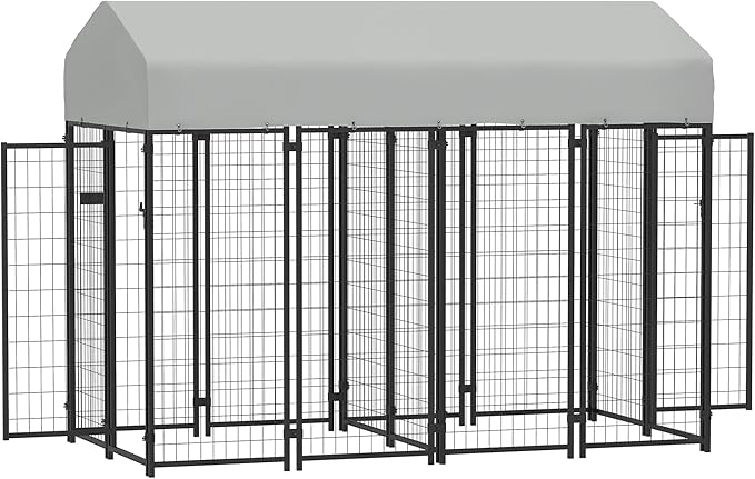 PawHut Outdoor Dog Kennel with 2 Rooms, 8' x 4' x 6' Heavy Duty Welded Wire Dog Playpen Enclosure with Escape-Proof Lock, UV-Resistant & Waterproof Cover, for Large Dogs, Chickens, Ducks, Silver | Heavy Duty Welded Wire Dog Playpen Enclosure, Escape-pr...