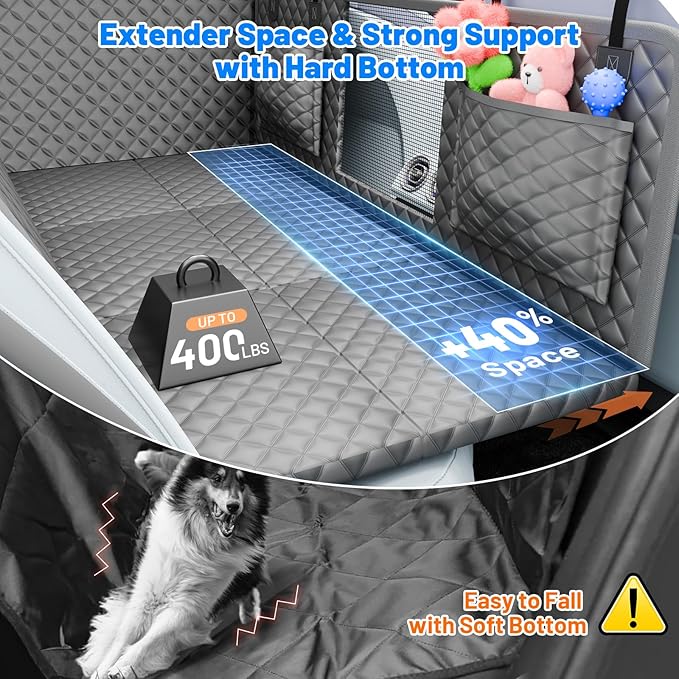 Dog Car Seat Cover for Back Seat,Hard Bottom Hammock Hold 400lbs For Cars | Grey,Waterproof,Anti-Scratching,Safety Non-Slip,600D Oxford,Mesh Window,Storage Pocket,for Cars/SUV/ Sedans/MPV