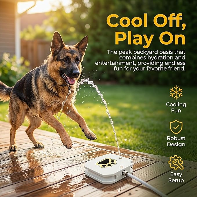 Outdoor Dog Water Fountain Step On, Dog Sprinkler Paw Activated for Large Dogs, Heavy Duty Pet Drinking Dispenser with Brass Valve & Anti Bite Hose, Summer Backyard Water Toy, 30s No Tool Setup (1Set)
