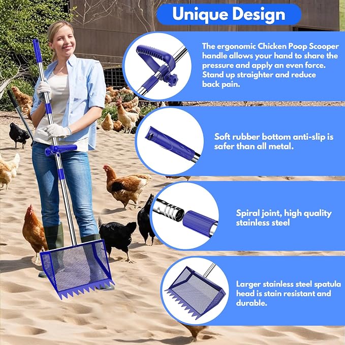 Chicken Poop Scooper Rake 2-in-1,304 Stainless Steel Shovel Head, Chicken Litter Scoop with Handle for Chicken Coop for Sand, Pet Waste Cleaning, Litter Sifting Shovel (35 to 65") (Blue, 10inch) | Chicken Poop Scooper