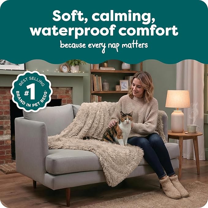 Furhaven Waterproof Throw Blanket for Dogs & Indoor Cats, Reversible Protective Pet Blanket, Extra Large, Long Faux Fur & Velvet, Taupe