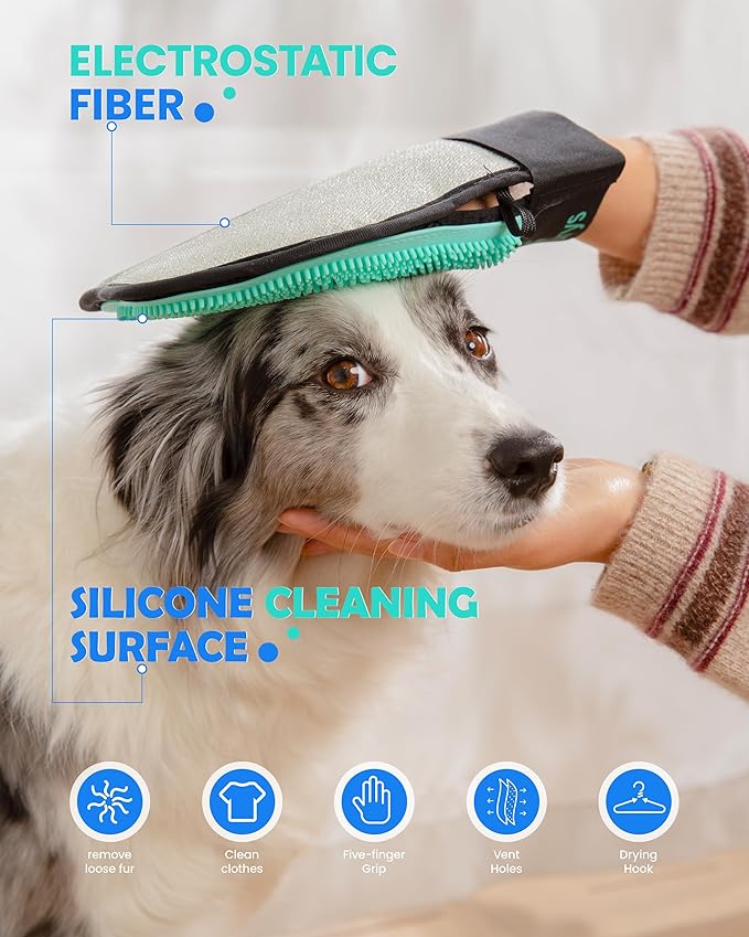Cykurys Pet Hair Removal Glove for Dogs & Cats(2-Pack), 2-in-1 Double-Sided Pet Grooming Glove, Electrostatic Pet Hair Remover Glove for Clothes & Furniture + Silicone Brush for Deshedding Pets