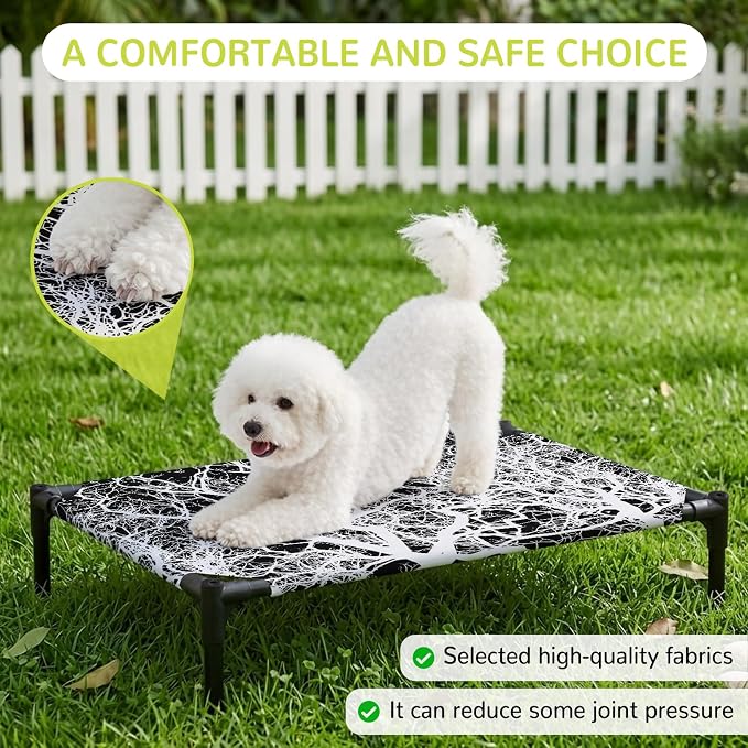 Outdoor Elevated Dog Bed for Medium Dogs, Modern Tree Branches Breathable Cooling Raised Dog Cot for Indoor/Outdoor, Contemporary Black Botanical Waterproof Elevated Pet Beds, M 24 x 20 in