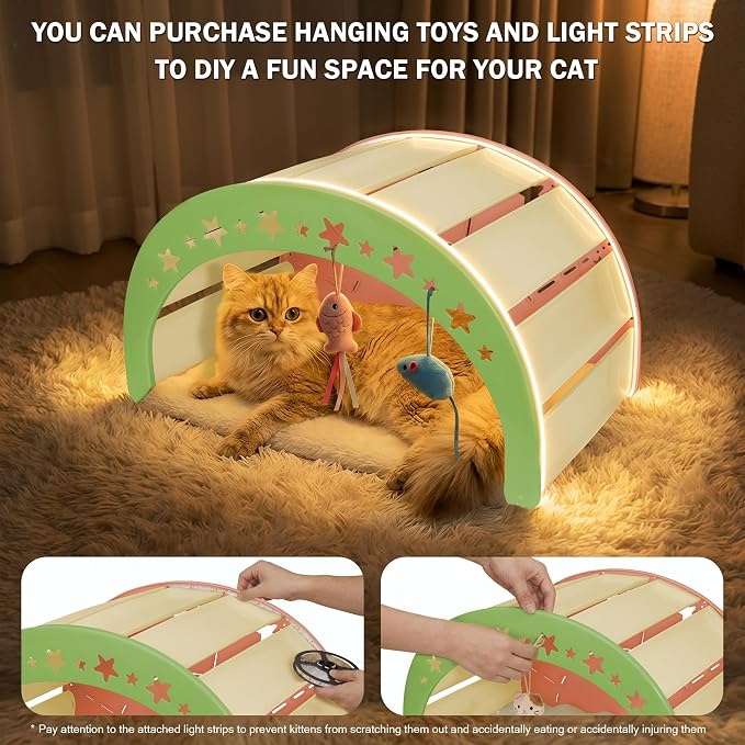 3-in-1 Crescent Elevated Cat Bed with Removable Sisal Scratcher & Soft Fleece Mat, Rocking Cat Hammock Lounge for Indoor Cats, Kittens & Small Animals, Pink