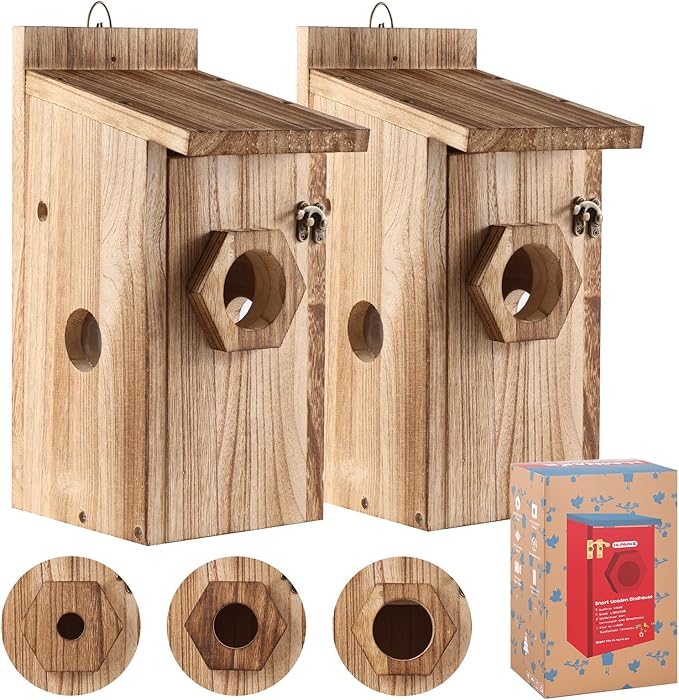 Bird House for Outside –Hanging Birdhouse for Bluebird Finch Swallow Wren Chickadee, Decorative Outdoor Bird Nesting Box with 3 Size Holes, Assembly Required (2)