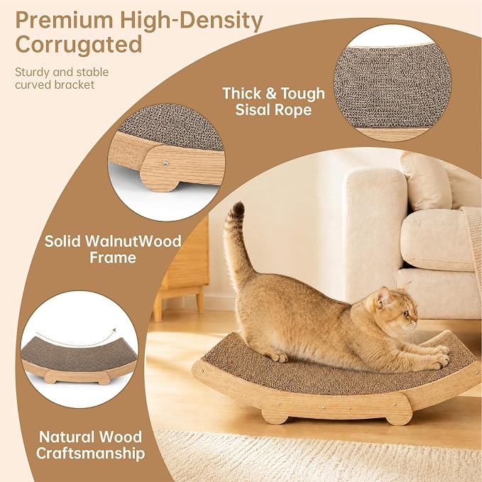 Curved Cat Scratcher Lounge Cat Scratching Board Bed, Natural Cardboard Cat Scratcher Sofa with Wooden Base, Comfortable Resting & Playing Scratching Pad for Indoor Cats