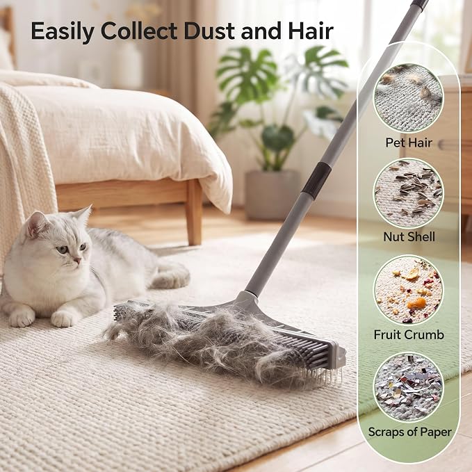 Walensee Carpet Brush for Pet Hair Removal, 2 in 1 Carpet Rake & Rubber Broom with Nylon Cleaning Brush, Adjustable Long Handle Rug Rake for Shag Carpet, Rugs, Stairs, Mats and Floors