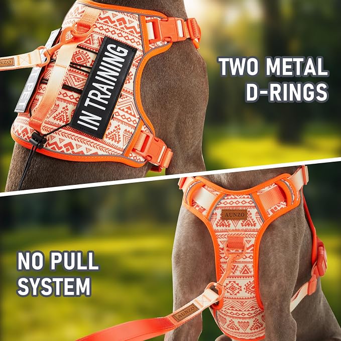 Orange Tactical Dog Harness with Ethnic Pattern for Big Dog, Like English Bulldog Doberman Husky Rottweiler Labrador, Easy to Put on and Take Off, No Pull Easy Walk Escapeproof No Choke, Large