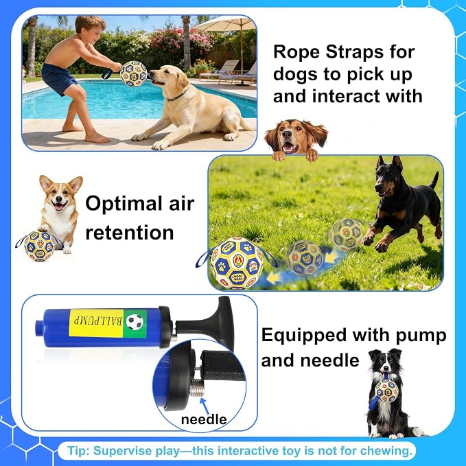 Vivifying Dog World Cup Soccer Ball Toy, 7 Inch Floatable Interactive Dog Toy for Medium Large Dogs, Durable PU Enrichment Ball with Nylon Straps for Outdoor Fetch, Training & Playing