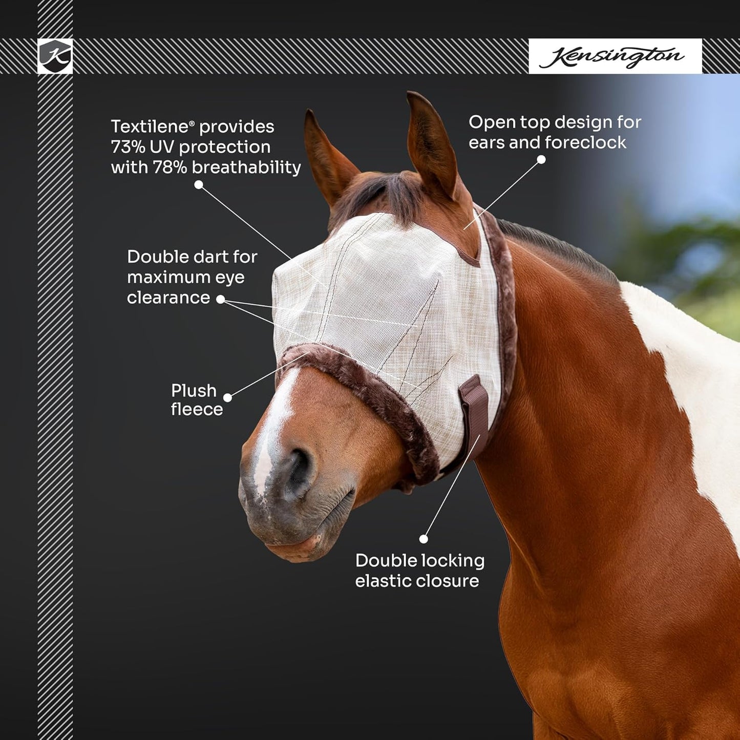 Kensington Fly Mask with Fleece Trim for Horses — Protects Face and Eyes from Flies and Sun Rays While Allowing Full Visibility — Breathable and Non Heat Transferring, Large, Atlantis