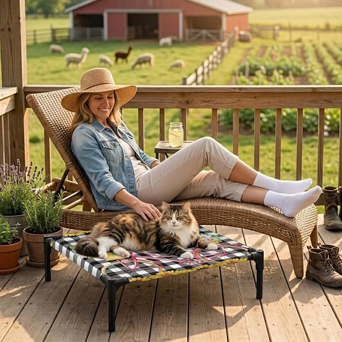 Outdoor Elevated Dog Bed for Small Dogs, Sunflowers Bicycle Breathable Cooling Raised Dog Cot for Indoor/Outdoor, Summer Budding Botanical Floral Lattice Waterproof Elevated Pet Beds, S 20 x 20 in