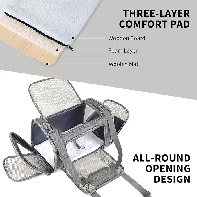 Cat Carrier, Soft-Sided Airline Approved Pet Carrier Case with 4 Ventilated Windows for Cats and Dogs Under 10-25Lbs (17.0 L x 11.0 W x 11.0 H Inch, Grey)