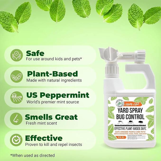 Mighty Mint Peppermint Oil Lawn & Yard Bug Control Spray – Natural Outdoor Pest Repellent for Fleas, Ticks, Mosquitoes, Ants, and More – Plant-Based, Extra-Strength Formula – 32 oz