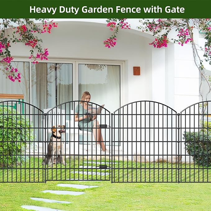 FOREHOGAR Metal Garden Gate and Fences Outdoor ECG1191, 1 Gate + 4 Fence Panels,43.2in Tall and Total Length 14.75ft, Heavy Duty Fencing for The Yard Privacy Temporary Animal Barrier for Dog, Black