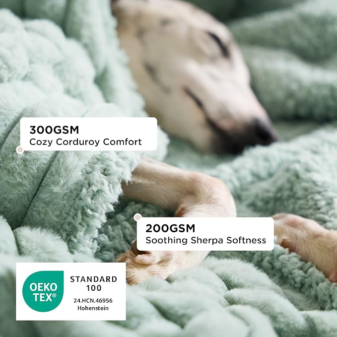 Bedsure ComfyFleece™ Waterproof Blanket for Bed, Twin（60"x80"） Garden Green | Soft Plush Couch Bed Cover Corduroy Fleece for Furniture Protector, Cozy Calming Reversible Dog Blankets for Large Dogs Pet