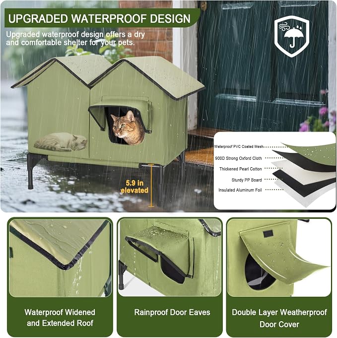 Heated Cat House, Large Heated Outdoor Cat House Weatherproof for Winter, Elevated Waterproof Insulated Cat Houses for Outdoor Cats, Comfortable and Warm Feral Cat Shelter (Green)