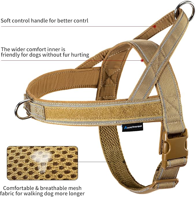 Annchwool No Pull Dog Harness with Padded Handle+5 Ft Leash,Reflective Strip Escape Proof and Quick Fit to Adjust Dog Harness,Easy for Training Walking for Small & Medium and Large Dogs(Brown-Set,M)