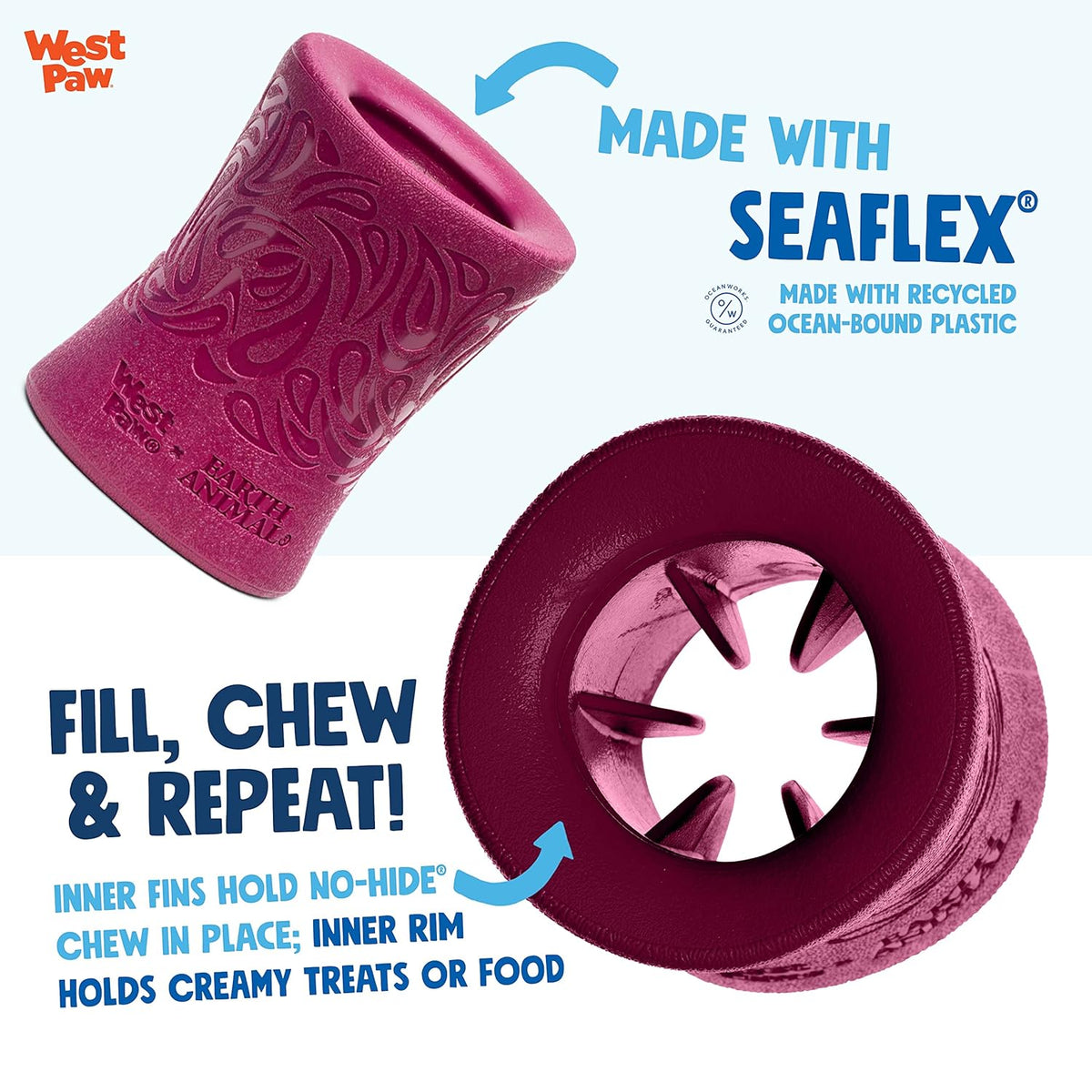 WEST PAW Funnl Dog Chew Toy - Interactive Treat Toys for Dogs - Toy Fillable with Earth Animal No-Hide Chews - Large 4.25" Tropic Red | Made in USA