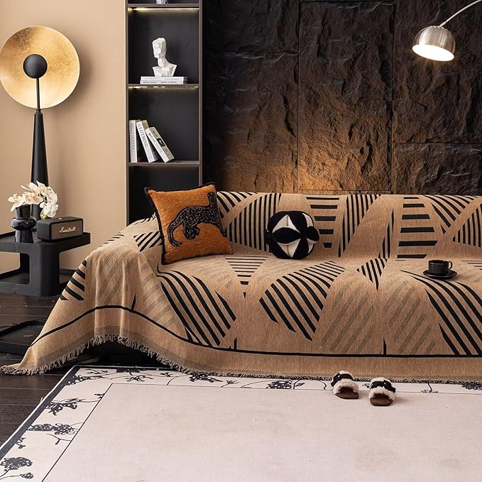 VClife Boho Couch Cover Washable Sectional Sofa Cover, Pet Couch Cover for Loveseat Versatile Coffee Black Geometry Sofa Throw Cover for L-Shape Sofa - Anti Slip Couch Sofa Cover for Dog 71"x118"