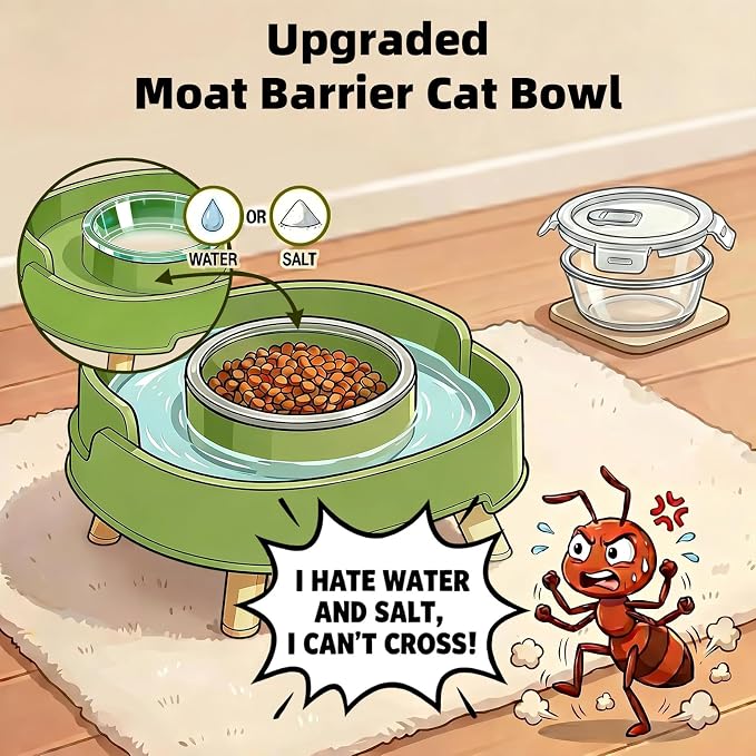 2 Pack Ant Not Cross Elevated Cat Bowls Mess Proof-4 Food Grade Glass Bowls & 2 Lids- No Spill Cat Food and Water Feeding Station for Cats&Puppy Indoor & Outdoor,No Whisker Fatigue Dish,Green