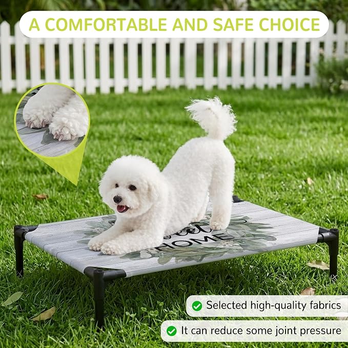 Outdoor Elevated Dog Bed for Large Dogs, Farmhouse Leaves Breathable Cooling Raised Dog Cot for Indoor/Outdoor, Florals Country Vintage Gray Wood Waterproof Elevated Pet Beds, L 28 x 22 in