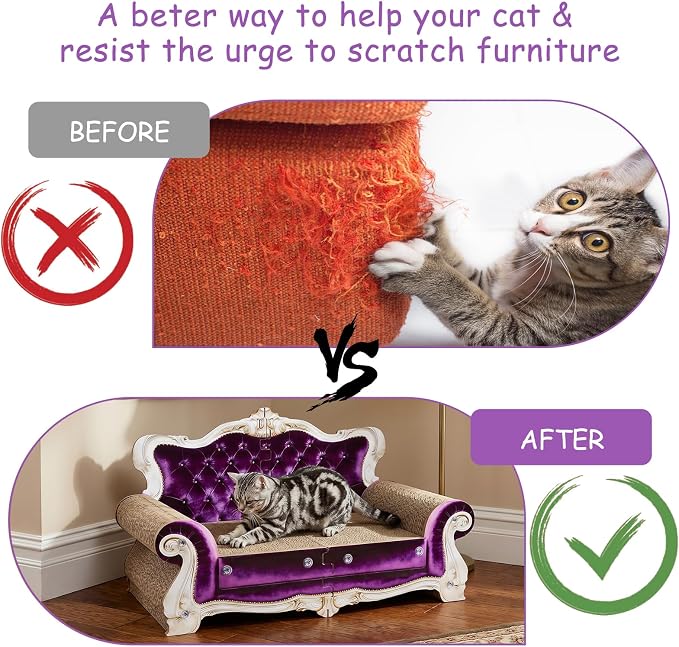 Luxury Cardboard Cat Scratcher Sofa Bed, Couch Shaped Cat Scratching Board, Cat Scratch Lounge with Catnip, Cat Scratcher for Indoor Cats (Purple Crown)