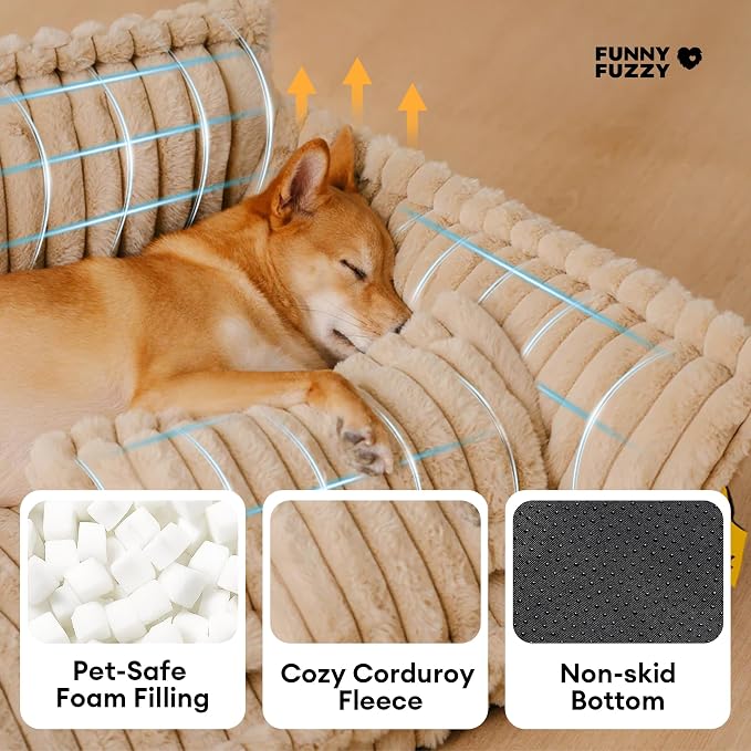 FUNNY FUZZY Dog Couch, Fluffy Orthopedic Supportive Pet Sofa with Pillow | Supportive Small & Medium Dog Bed Washable Cover, Cozy Corduroy Flannel, Non-slip, Snoozy Dream 31.4"×22.4" Up to 25 Lbs