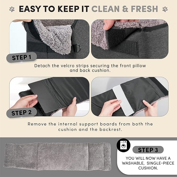 BurgeonNest Center Console Dog Car Seat for Small Pets to 11lbs, Grey | Anti-collapse armrest Console seat with washable fluffy cushion, pillow & tether for stable, cozy pet travel trips.
