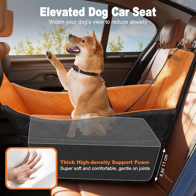 Elevated Dog Car Seat for Small and Medium Dogs Up to 35 lb | 4" High-Density Foam Dog Car Bed, 2 Storage Pockets,3 Safety belts,Fully Removable and Washable for Easy Care,Black+Brown