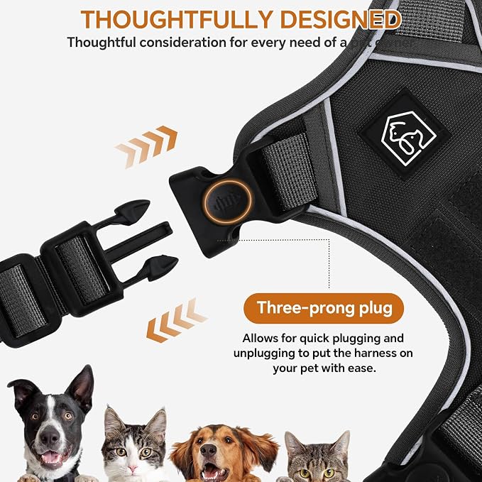 Heavy Duty Tactical Dog Harness for X-Large Dogs, No Pull Dog Harness with Handle & Front Clip, Reflective Soft Padded, Hook and Loop Panel, Dog Vest for Walking, Service Training, Black