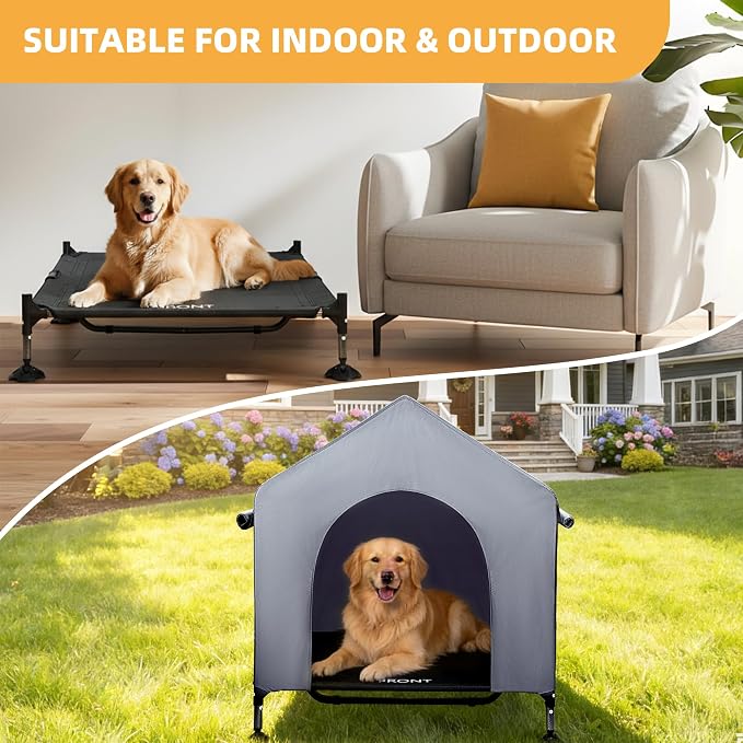 Dog House, 42” Large Dog House Outdoor Indoor Elevated Dog Cot Bed | 2-in-1 Outside Dog Tent Shade, Three-Sided Breathable Mesh Windows, Easy to Install, Waterproof Canopy, Non-Slip Feet