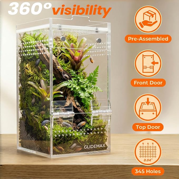 Jumping Spider Enclosure - 3x3x6 Acrylic Tarantula Enclosure Reptile Habitat with Front & Top Magnetic Doors, 0.04" Ventilation Holes Pre-Assembled Terrarium for Spiders, Mantis, Snails, Lizards