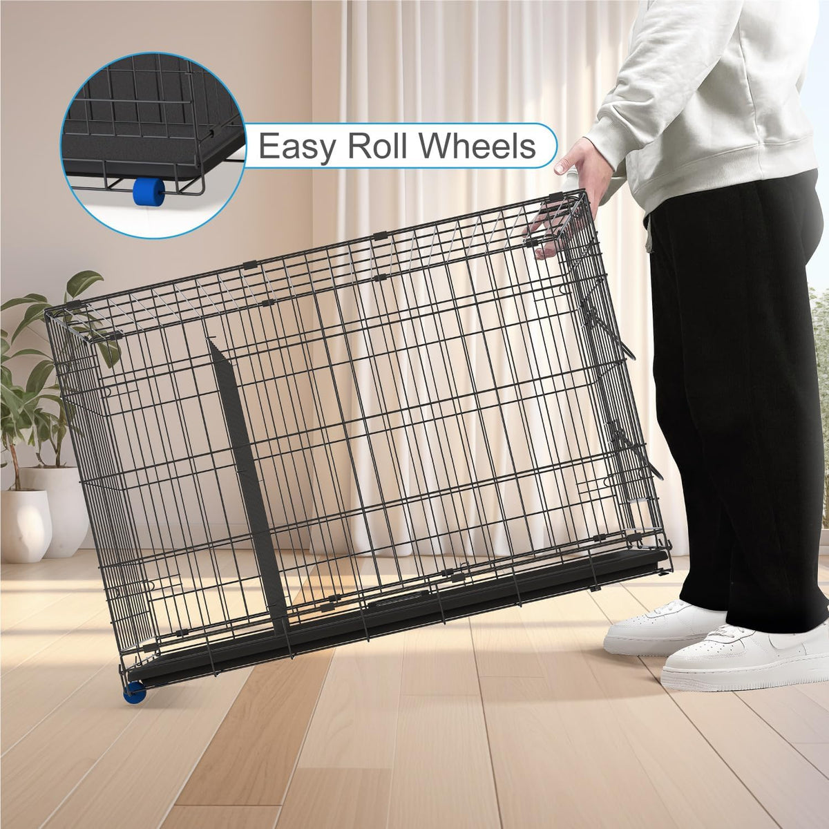 PetsTuff Great CRATES 36” Large Dog Crate - Heavy-Duty Dog Kennel with Divider Panel for Pets 40-60lbs - Durable Leaf-Proof Tray - Foldable, Carry Handle & Wheels for Easy Moving - Two-Door Dog Cage