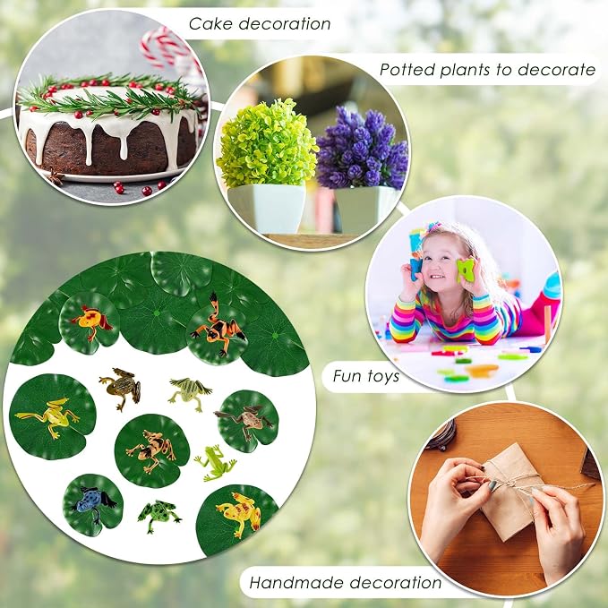 Hungdao 72 Pieces Mini Plastic Frog Toys and Artificial Lily Pads, Include Colorful Realistic Frogs Rainforest Animals Figures Character Toys and Floating Foam Leaves for Pool Decor Party Favor